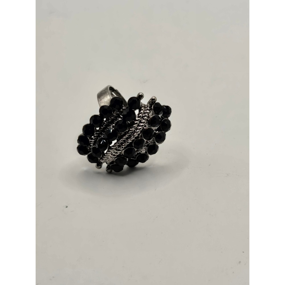 Black Bead Cluster Statement Ring Silver Tone Adjustable Band Cocktail Jewelry